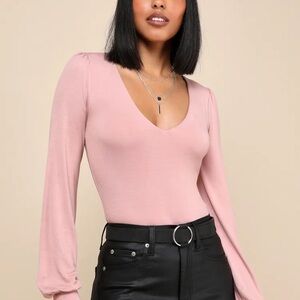 Lulus Basics Kaylene Blush V-neck Balloon Sleeve Bodysuit Pink - Size XS
